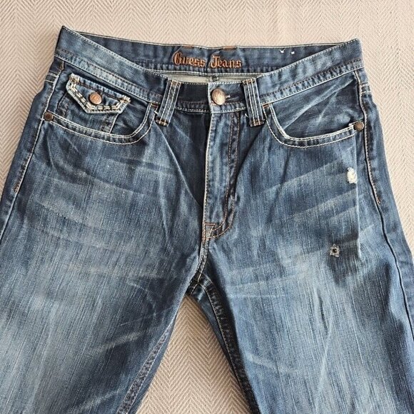 Guess Jeans Men's 34x31 Relaxed Boot Cut Medium Wash Blue Flap Pocket Embroidery - Picture 14 of 16